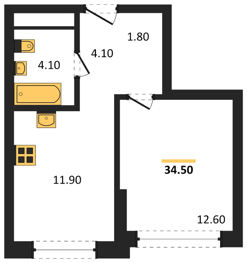 Планировка: 1-комн., 34,5 м²