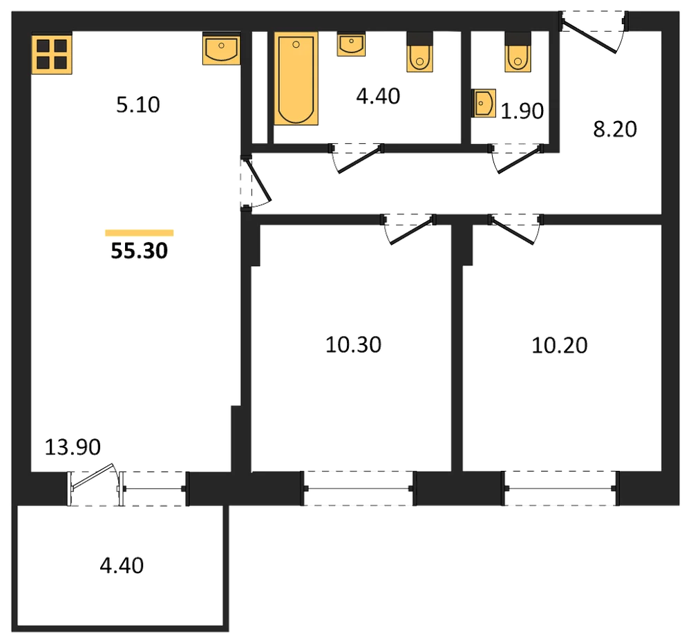 Планировка: 2-комн., 55,3 м²