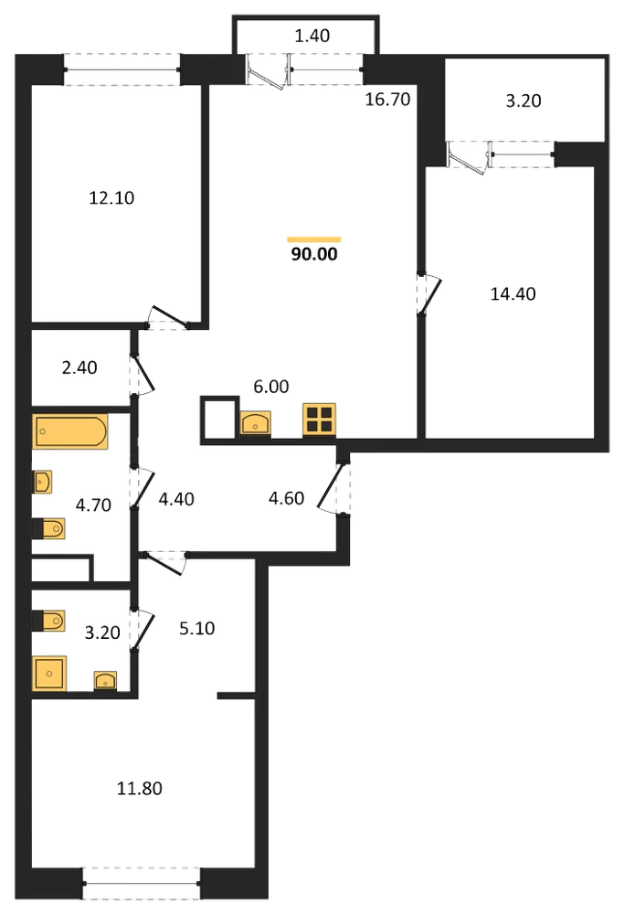 Планировка: 3-комн., 90 м²