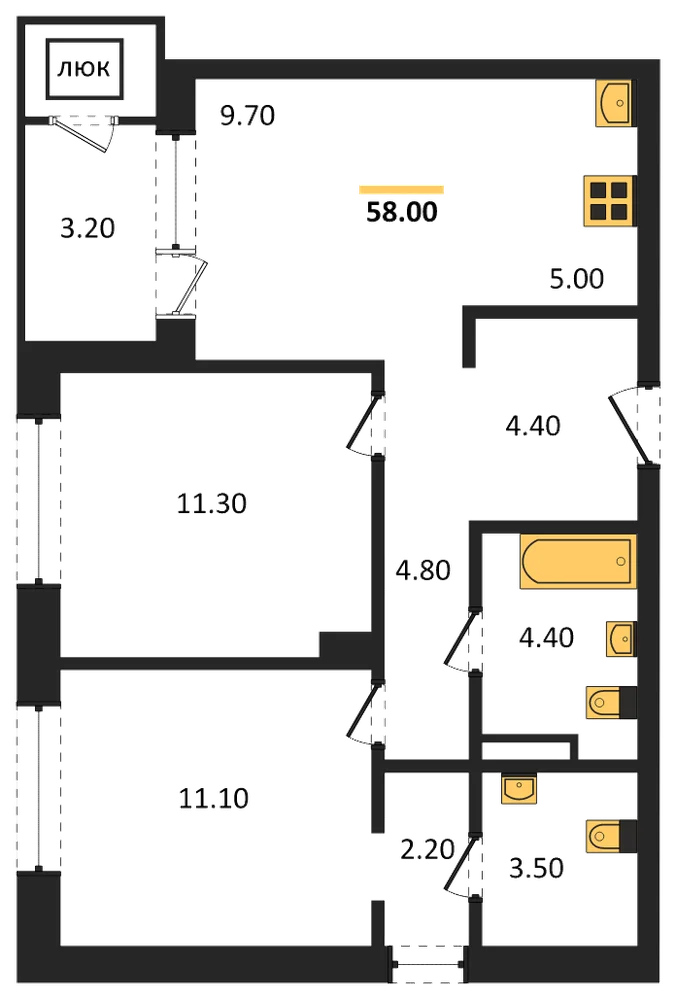 Планировка: 2-комн., 58 м²