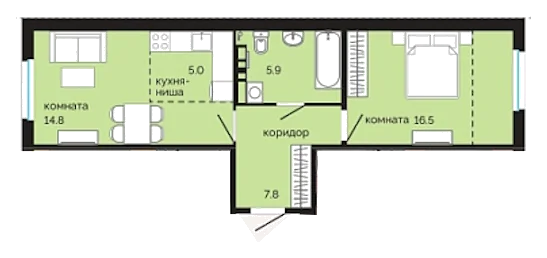 Планировка: 1-комн., 50 м²