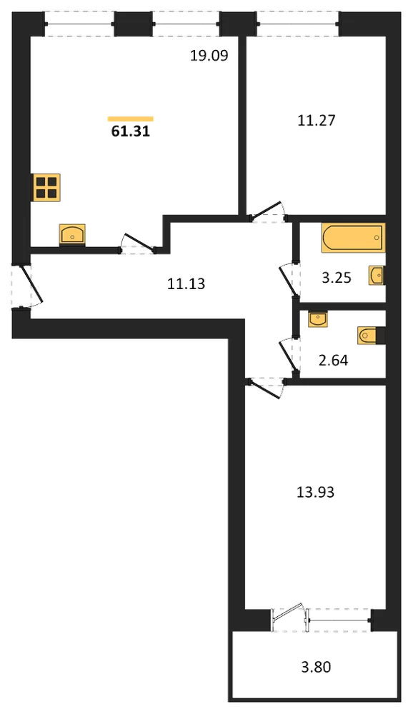 Планировка: 2-комн., 61,2 м²