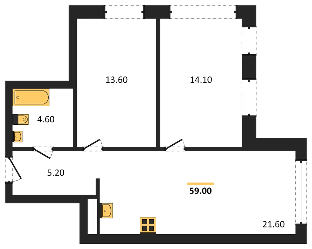 Планировка: 2-комн., 59,1 м²