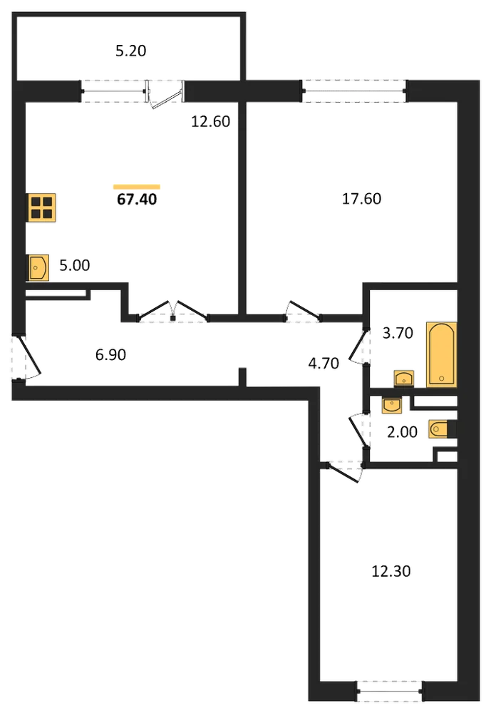Планировка: 2-комн., 67,4 м²