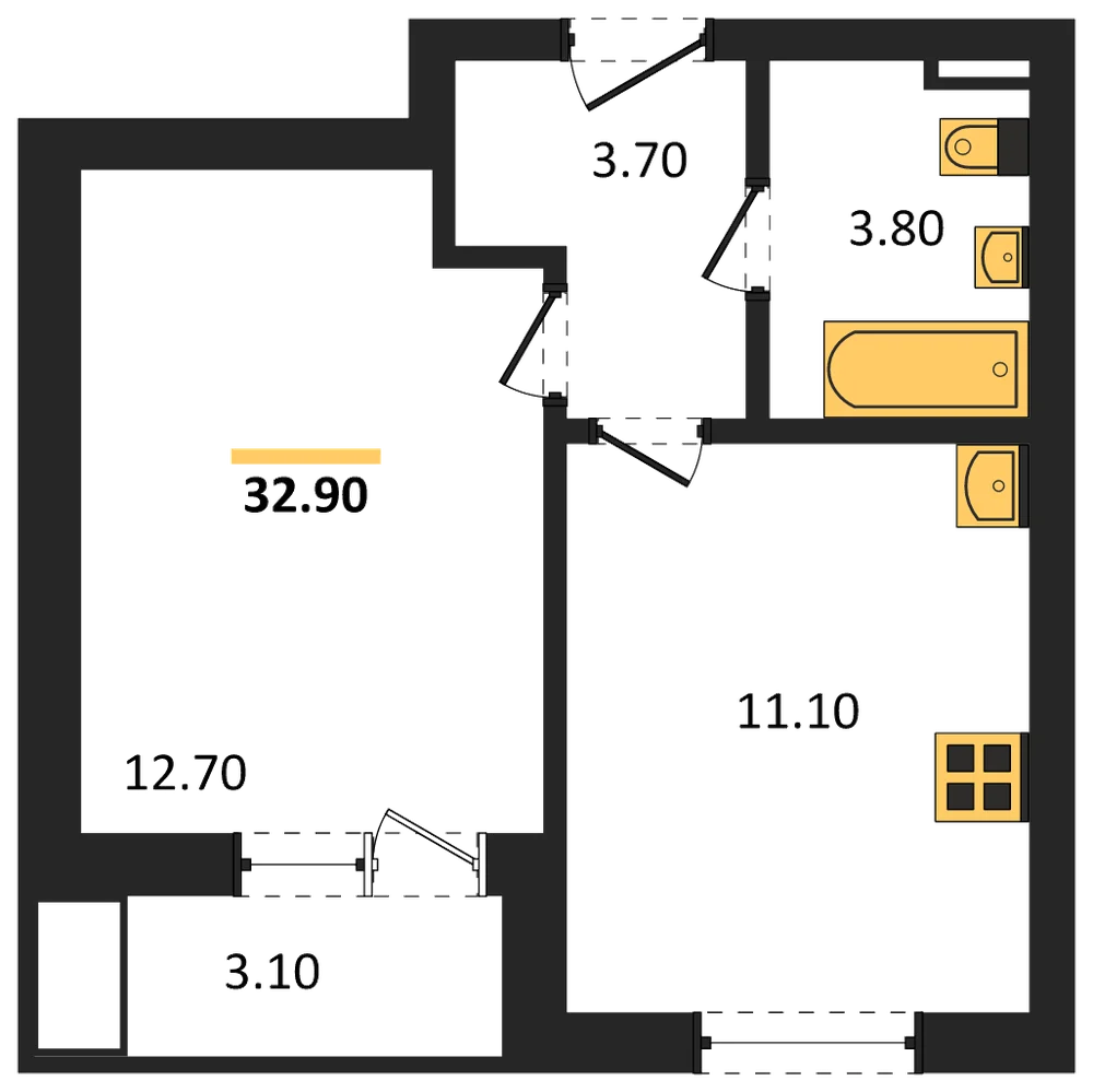 Планировка: 1-комн., 32,9 м²
