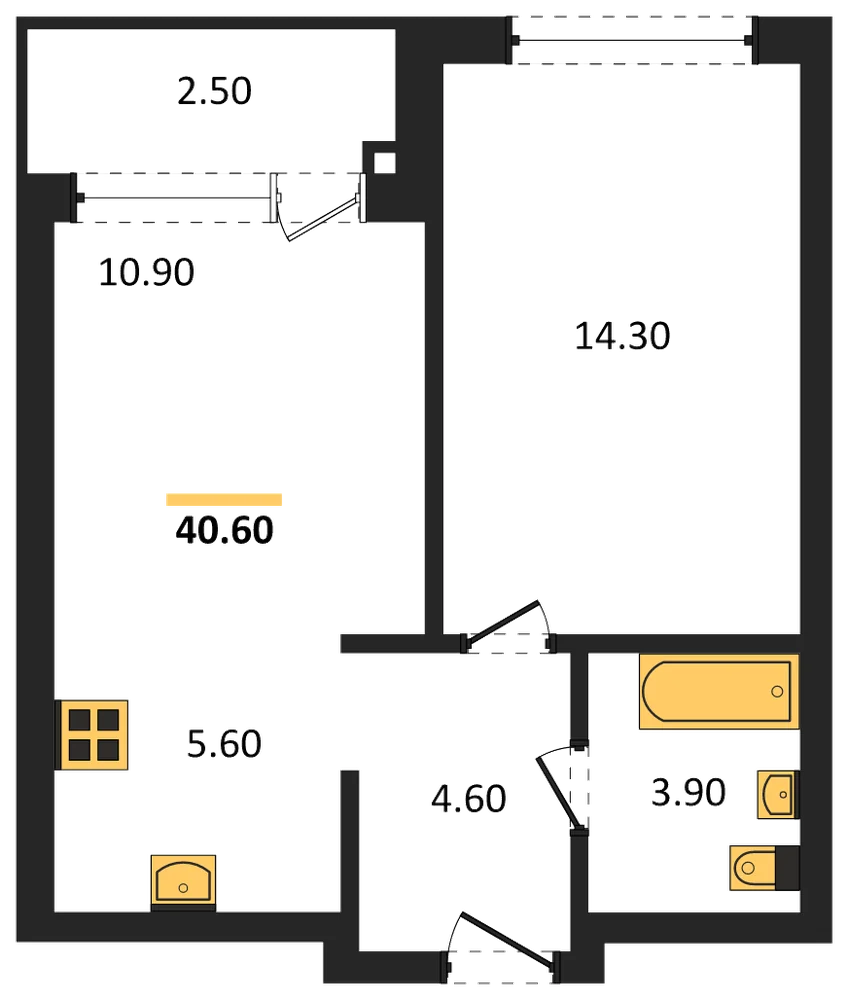 Планировка: 1-комн., 40,6 м²