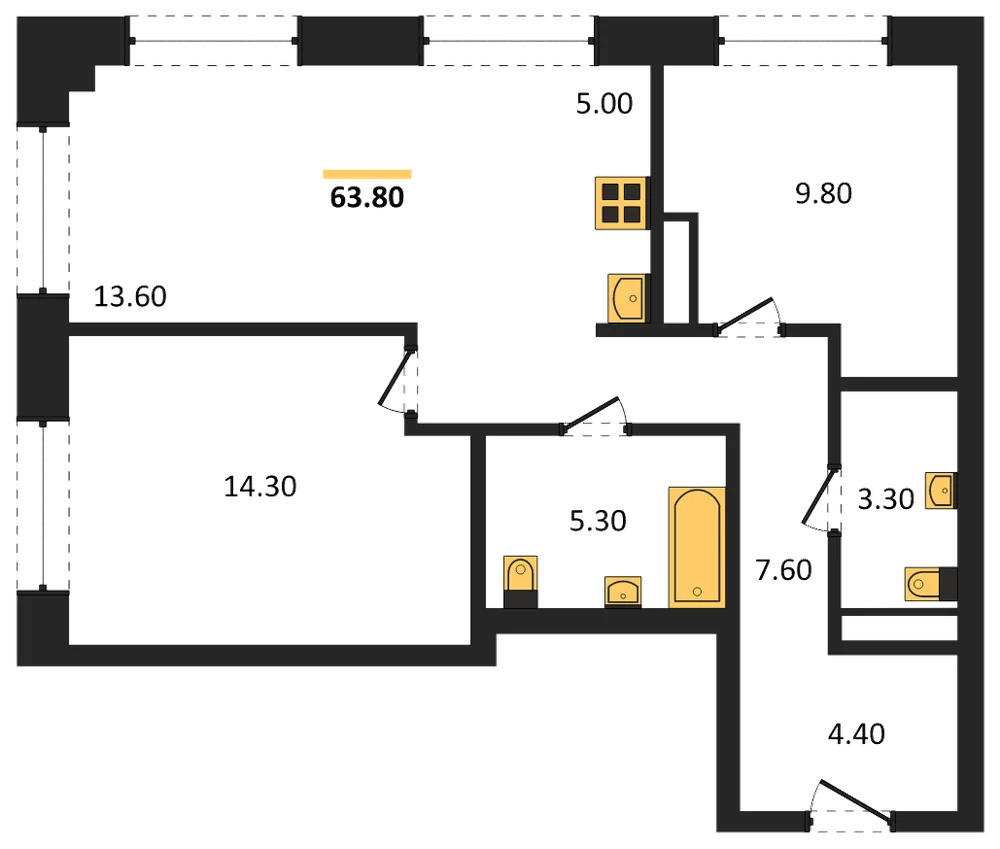 Планировка: 3-комн., 63,3 м²