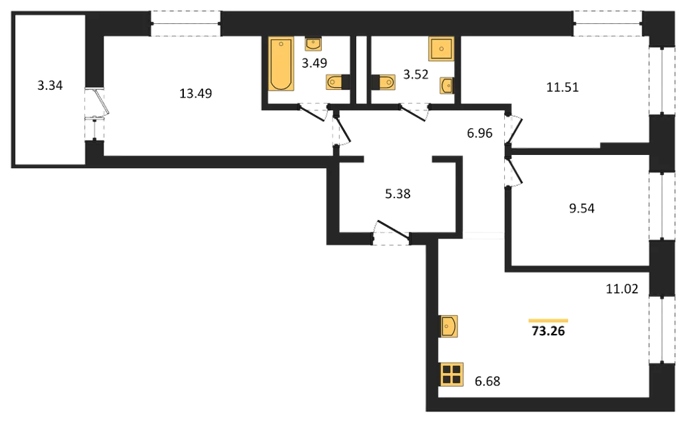 Планировка: 3-комн., 73,3 м²