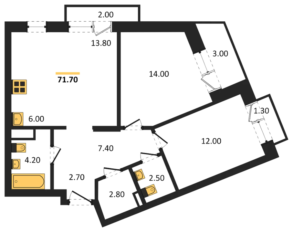 Планировка: 2-комн., 71,7 м²