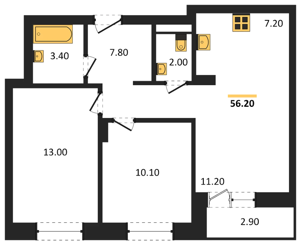 Планировка: 2-комн., 56,2 м²