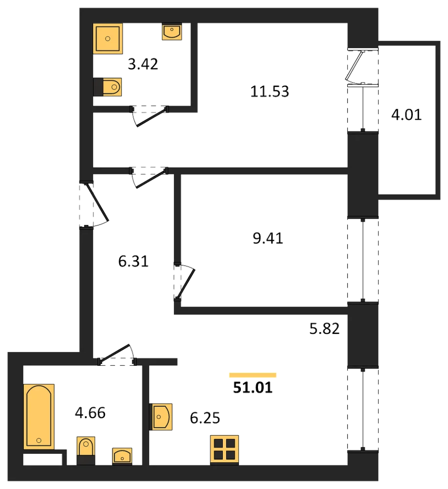 Планировка: 2-комн., 48,6 м²