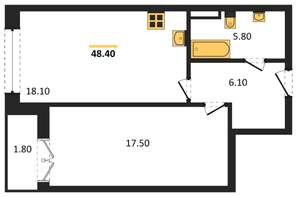 Планировка: 1-комн., 48,4 м²
