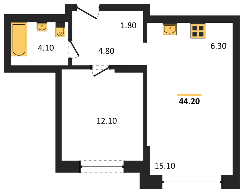 Планировка: 1-комн., 44,2 м²