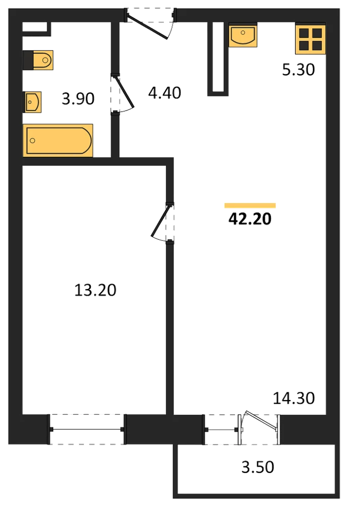 Планировка: 1-комн., 42,1 м²