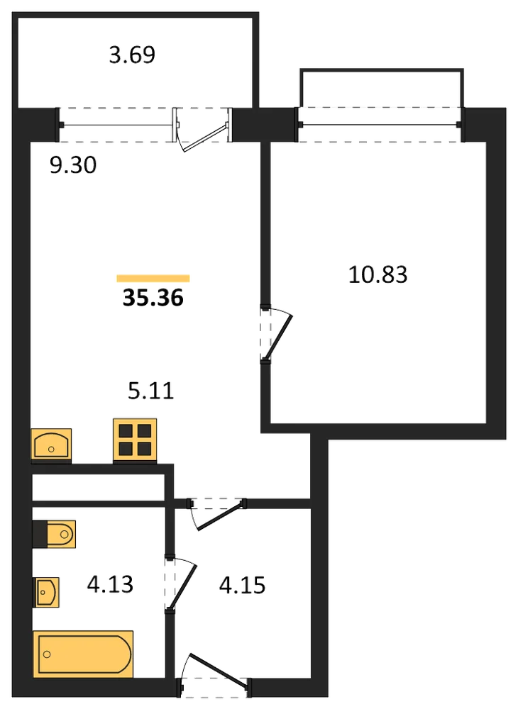 Планировка: 1-комн., 35,4 м²