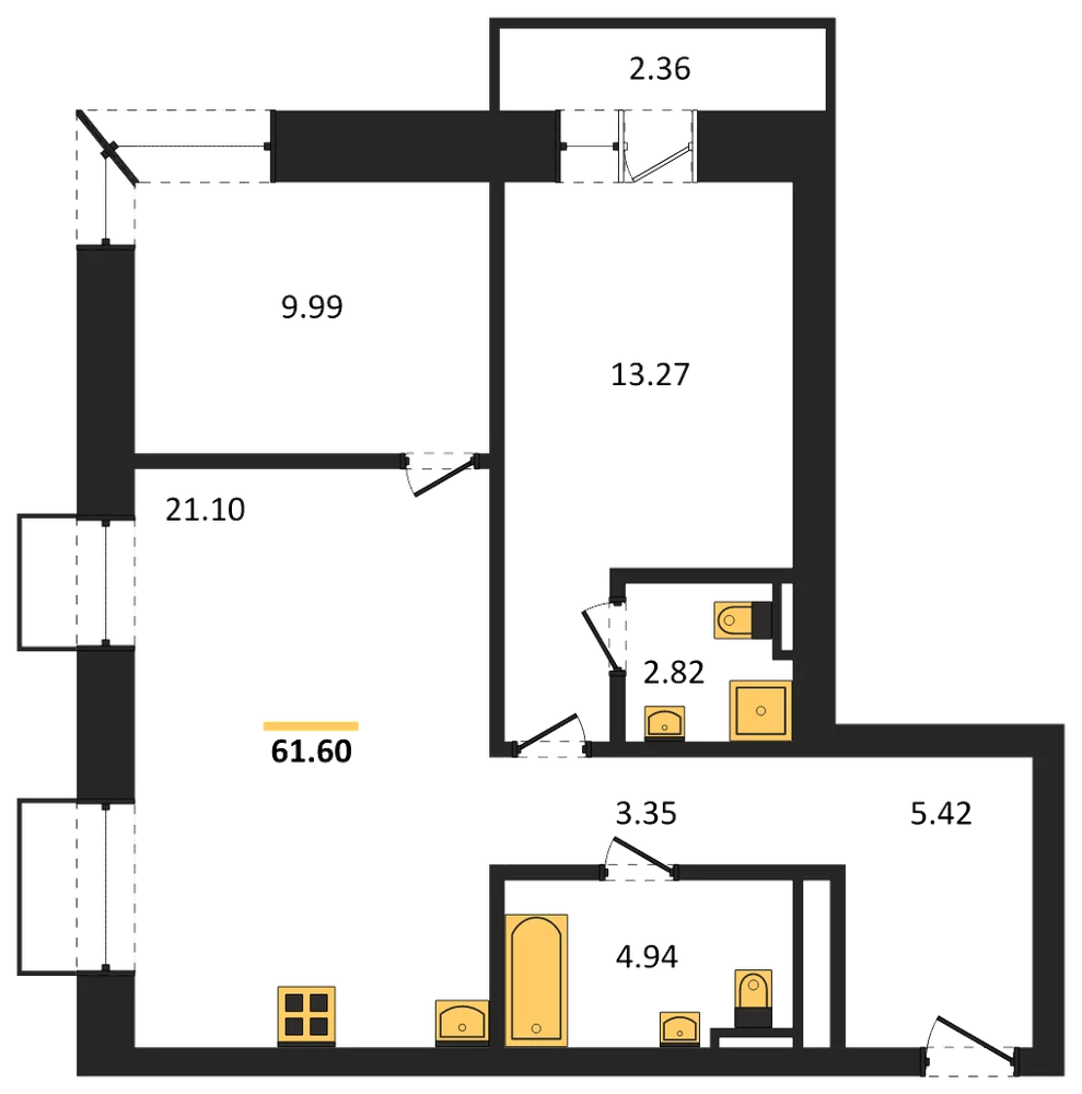 Планировка: 2-комн., 61,6 м²