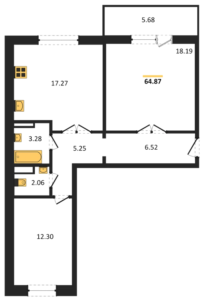 Планировка: 2-комн., 64,8 м²