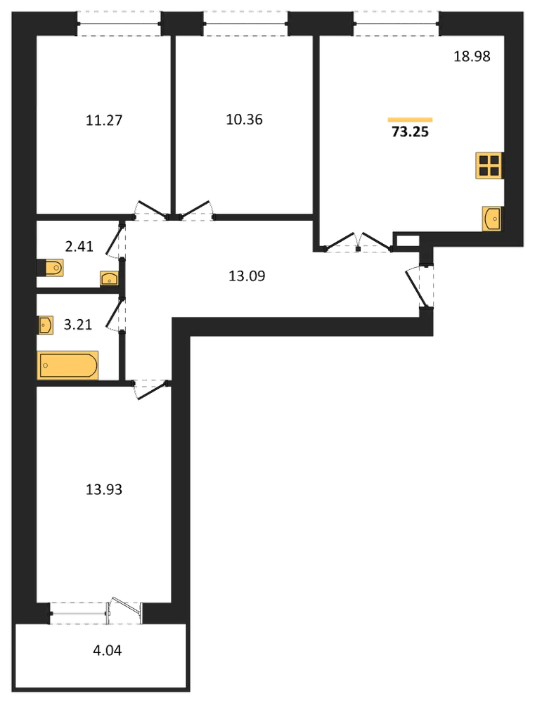 Планировка: 3-комн., 73,3 м²