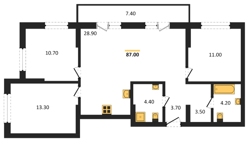 Планировка: 3-комн., 87 м²