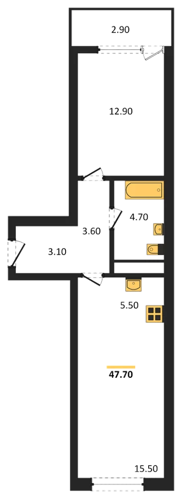 Планировка: 1-комн., 47,7 м²