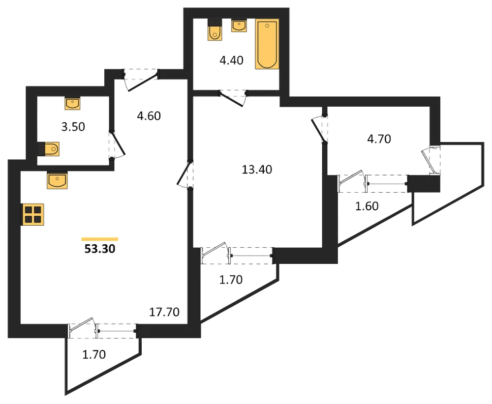 Планировка: 1-комн., 53,3 м²