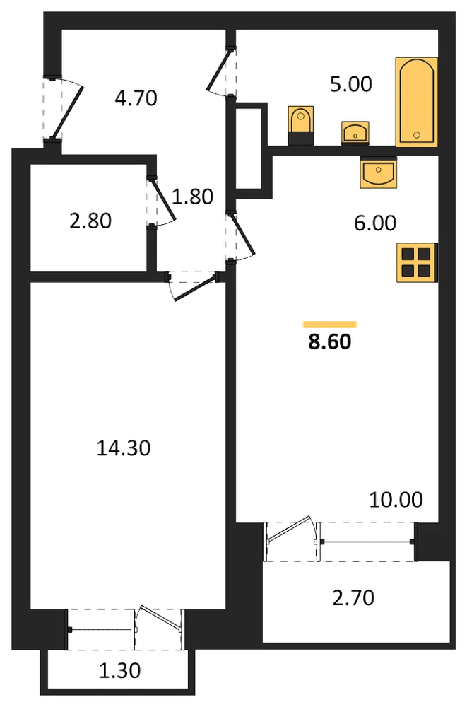 Планировка: 1-комн., 48,6 м²
