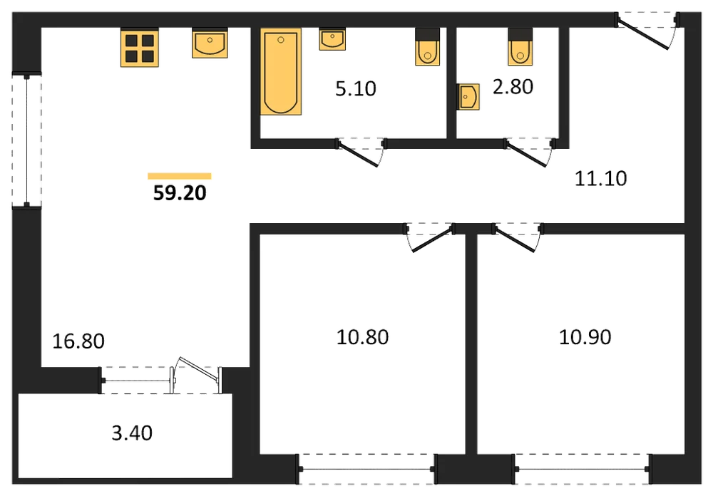 Планировка: 2-комн., 58,9 м²