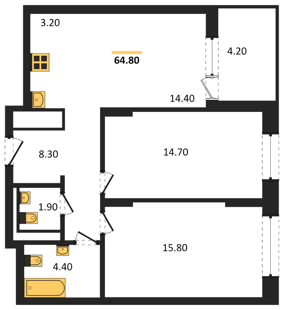 Планировка: 2-комн., 64,8 м²
