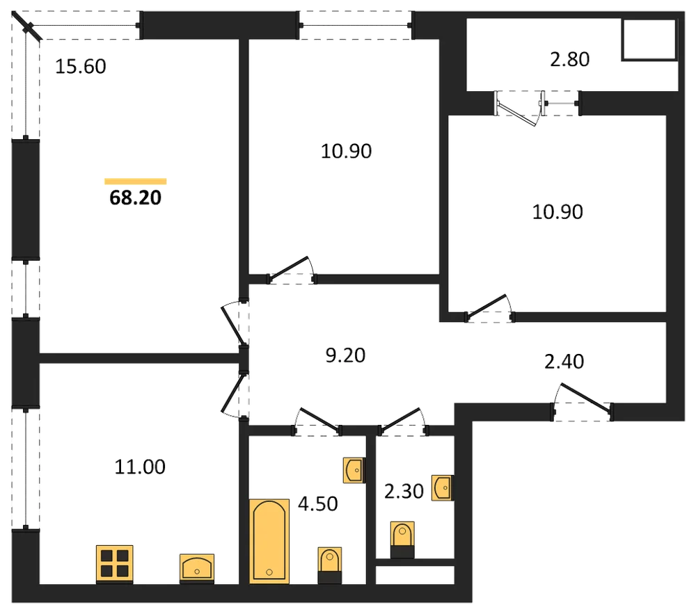 Планировка: 3-комн., 68,2 м²