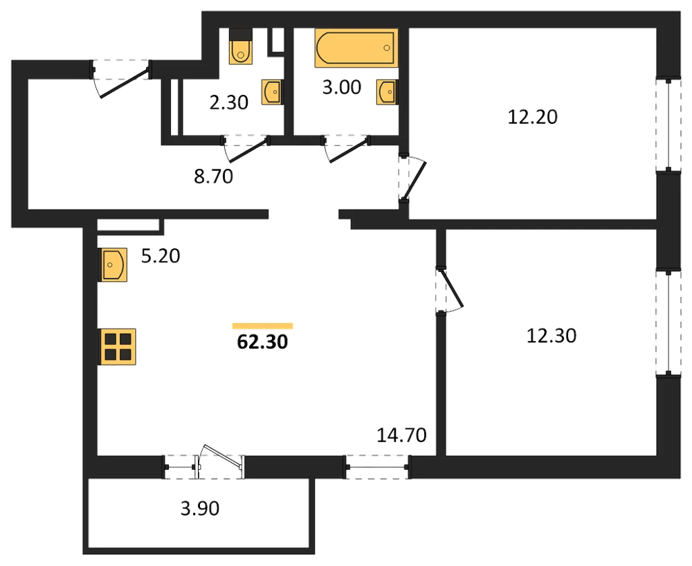Планировка: 2-комн., 62,3 м²