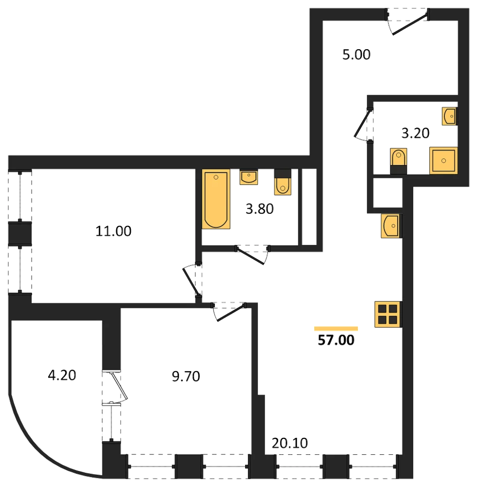 Планировка: 2-комн., 54,9 м²