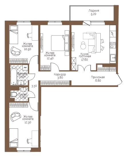 Планировка: 3-комн., 74,8 м²