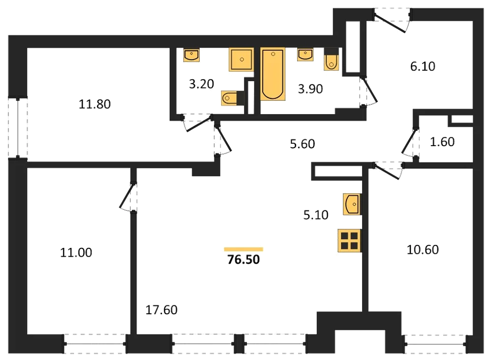 Планировка: 3-комн., 76,5 м²