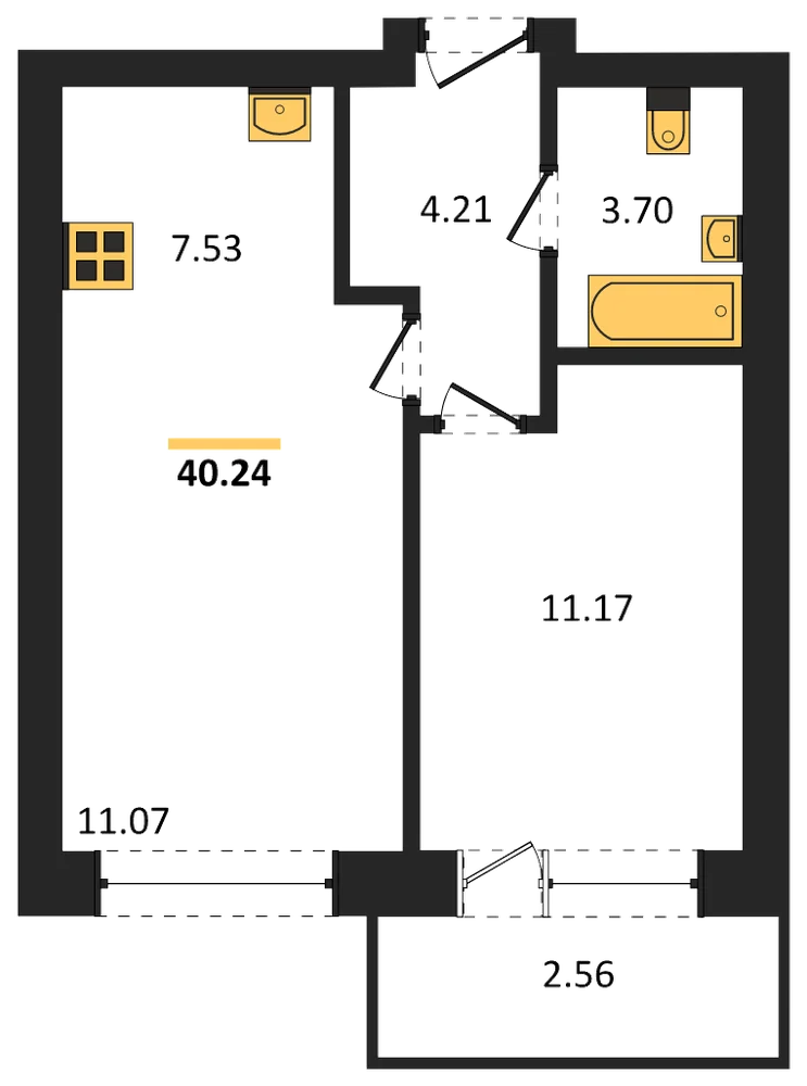 Планировка: 1-комн., 40,2 м²