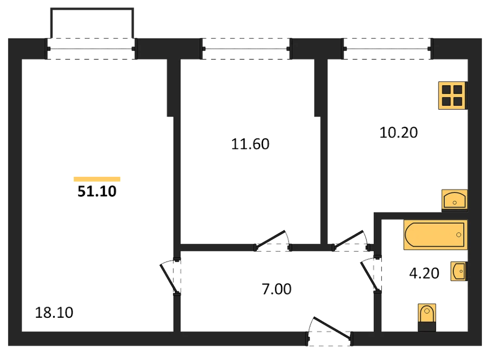 Планировка: 2-комн., 51,1 м²