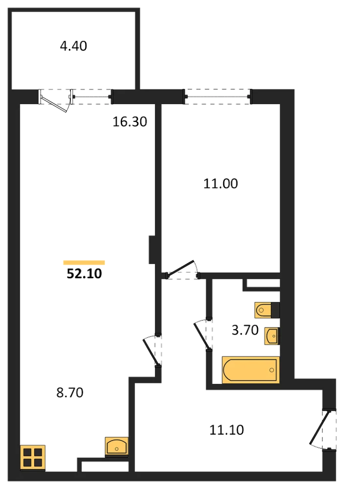 Планировка: 1-комн., 52,1 м²