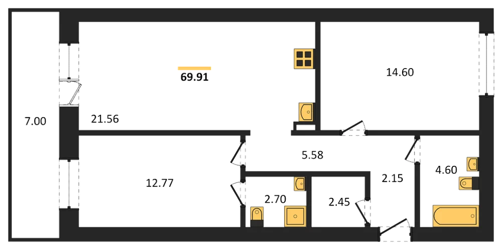 Планировка: 2-комн., 69,9 м²