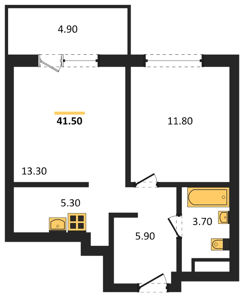 Планировка: 1-комн., 41,5 м²