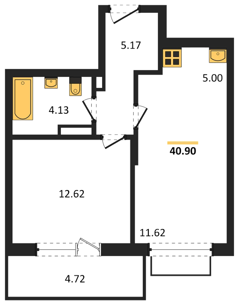 Планировка: 1-комн., 40,9 м²