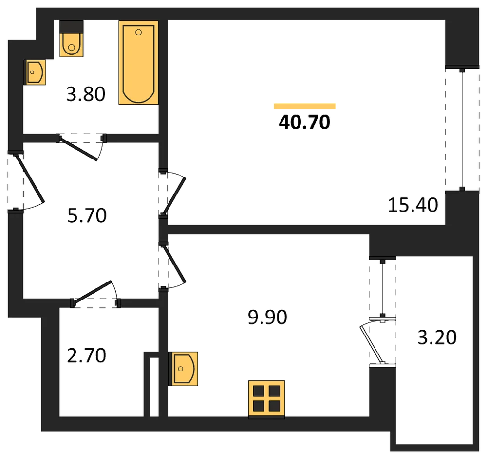 Планировка: 1-комн., 40,7 м²