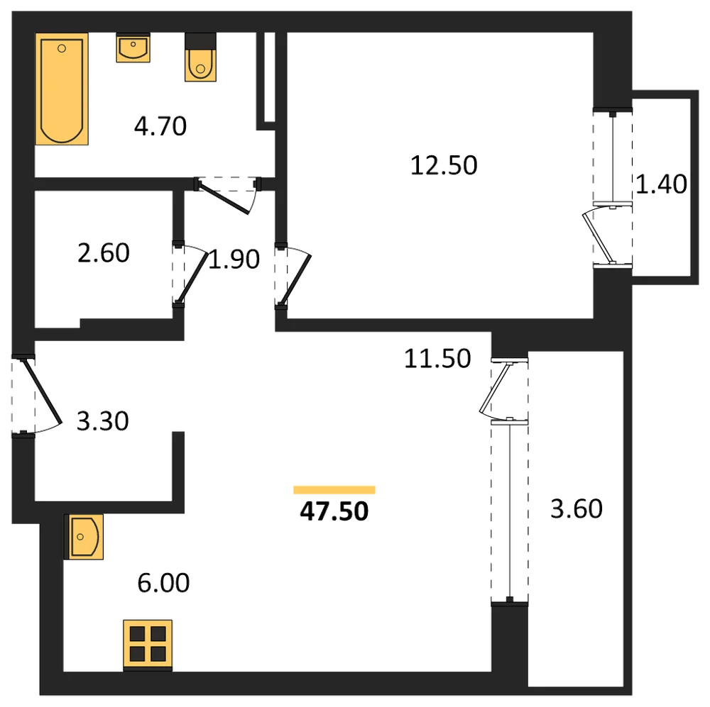 Планировка: 1-комн., 47,5 м²