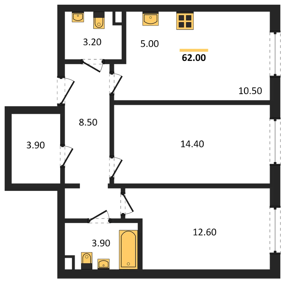 Планировка: 2-комн., 62 м²