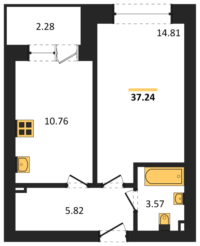 Планировка: 1-комн., 37,2 м²