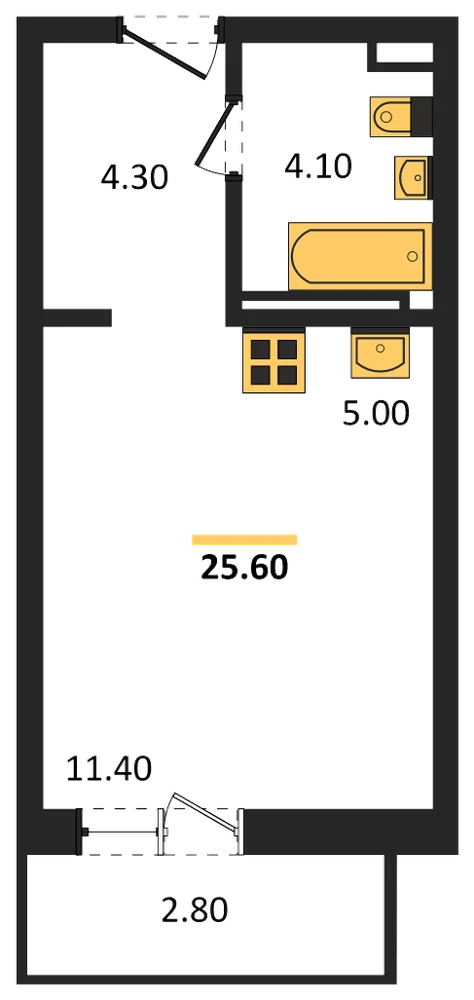 Планировка: Студия, 25,6 м²