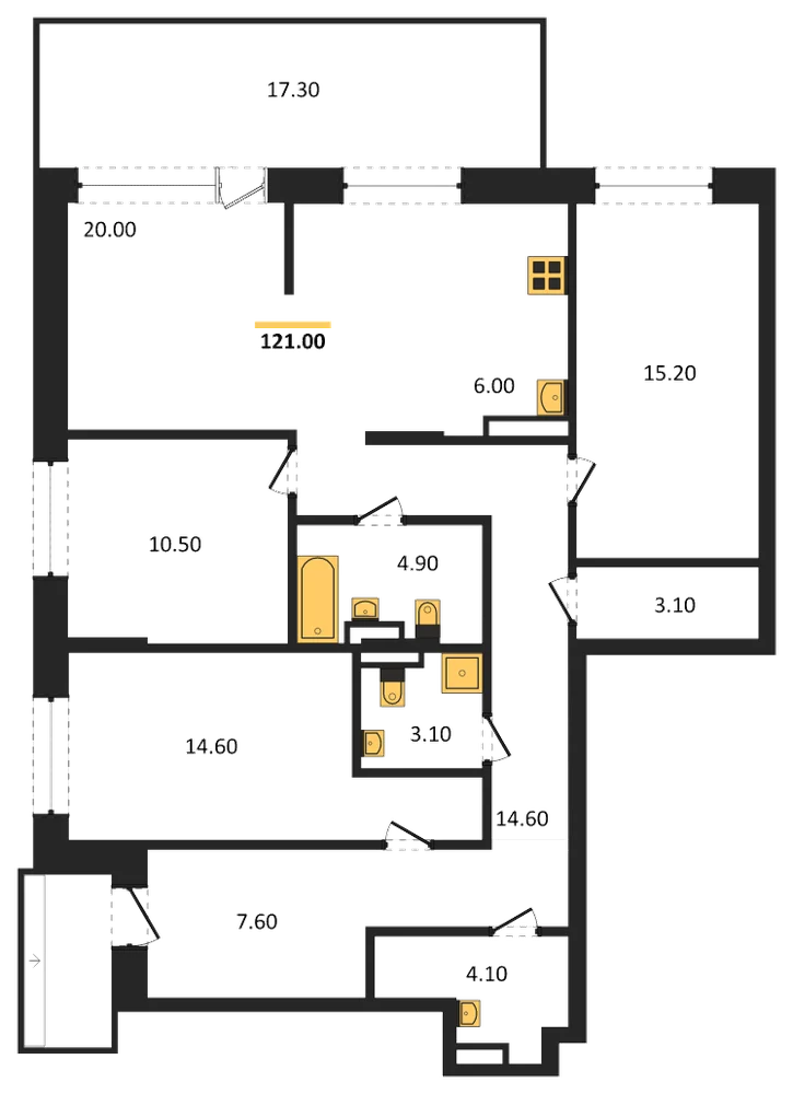 Планировка: 3-комн., 121,1 м²
