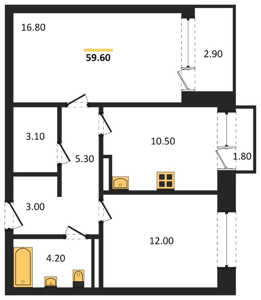 Планировка: 2-комн., 59,6 м²