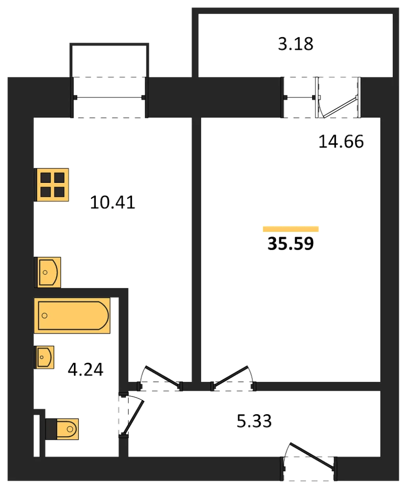 Планировка: 1-комн., 35,6 м²
