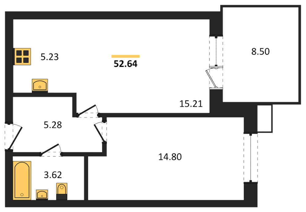 Планировка: 1-комн., 52,6 м²