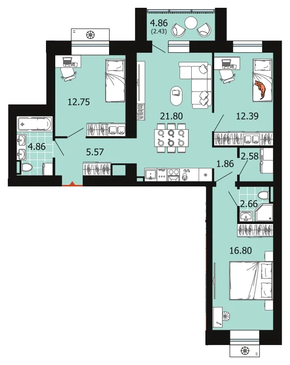 Планировка: 3-комн., 83,7 м²