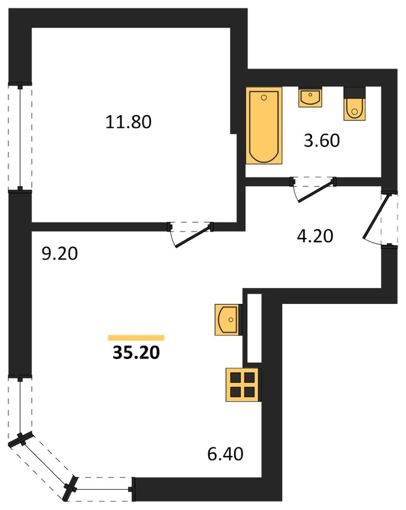 Планировка: 1-комн., 35,2 м²